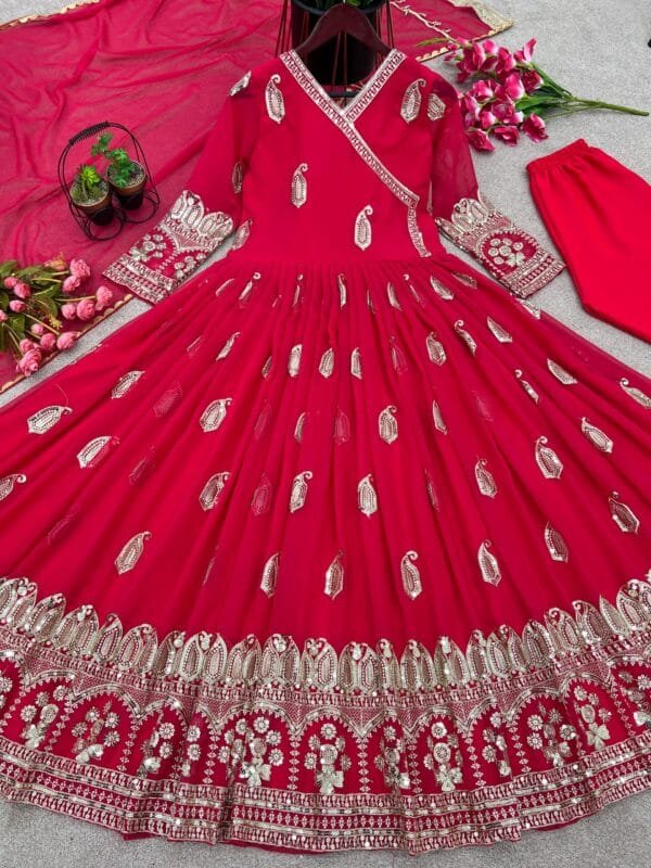 Designer Party Wear Gown with Heavy Embroidery & Sequin Work | Red - Image 5