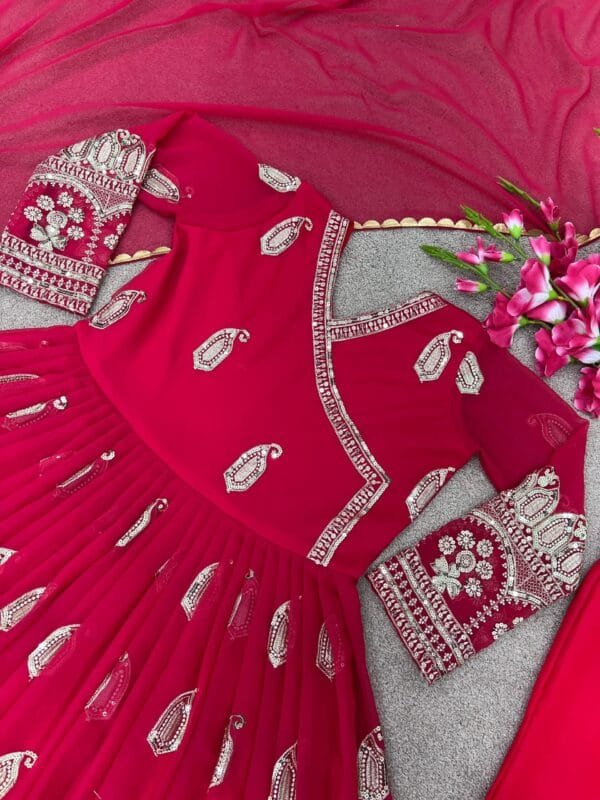 Designer Party Wear Gown with Heavy Embroidery & Sequin Work | Red - Image 6