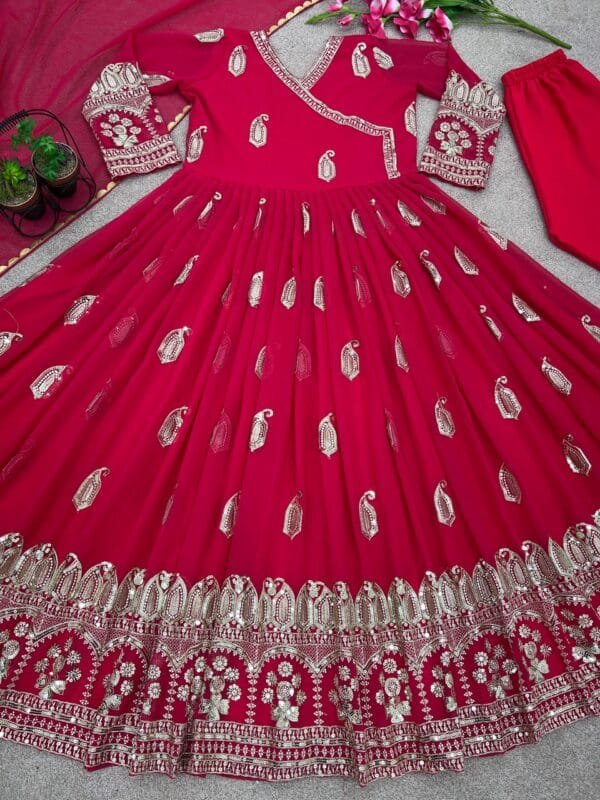 Designer Party Wear Gown with Heavy Embroidery & Sequin Work | Red - Image 7