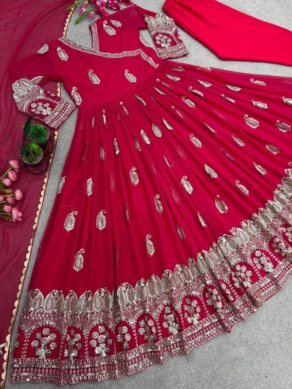 Designer Party Wear Gown with Heavy Embroidery & Sequin Work | Red - Image 8