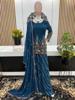 Designer Embroidery Sequine Work Top-Palazzo & Dupatta Set | Blue