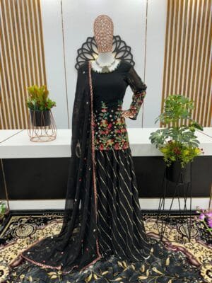 Designer Embroidery Sequine Work Top-Palazzo & Dupatta Set | Black
