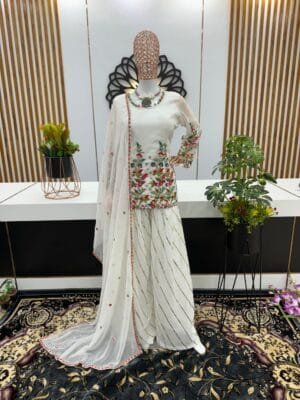 Designer Embroidery Sequine Work Top-Palazzo & Dupatta Set | White