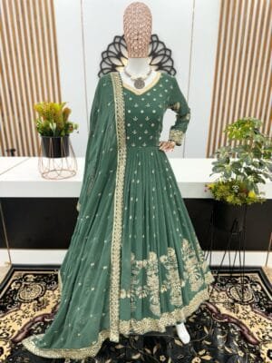 Designer Party Wear Sequine Gown Set & Embroidered Dupatta | Green