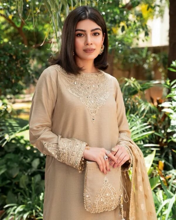 Beige Georgette Zari Embroidered Kurta Set - Image 2
