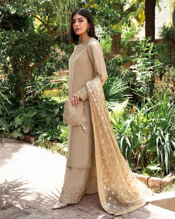 Beige Georgette Zari Embroidered Kurta Set - Image 3