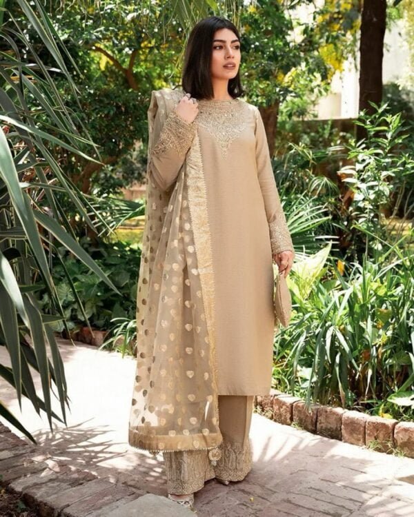 Beige Georgette Zari Embroidered Kurta Set - Image 5