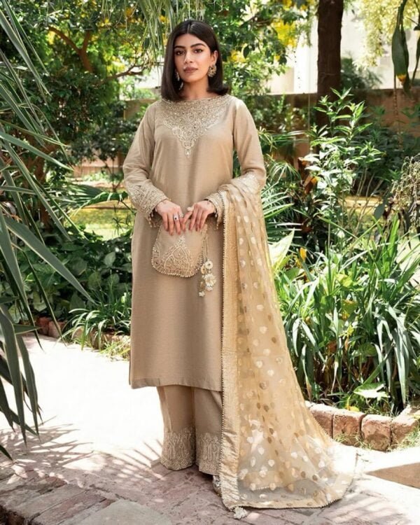 Beige Georgette Zari Embroidered Kurta Set - Image 6