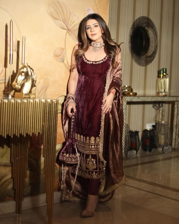 Velvet Embroidery Sequin Work Party Wear Kurta | Maroon - Image 2