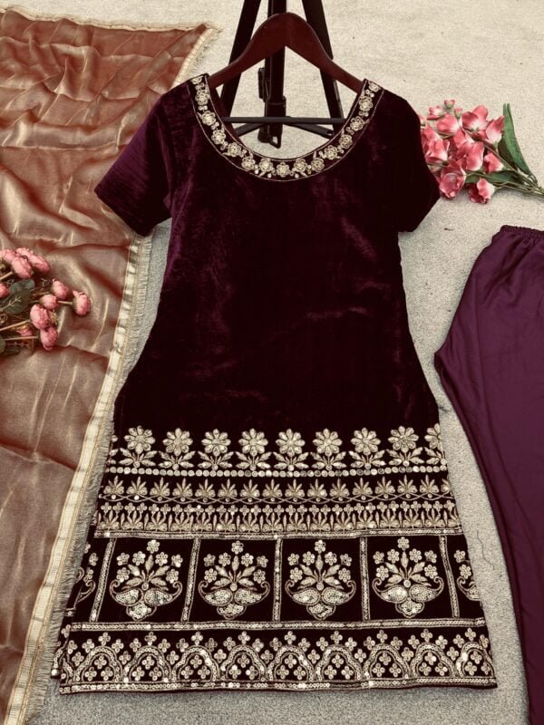 Velvet Embroidery Sequin Work Party Wear Kurta | Maroon - Image 3
