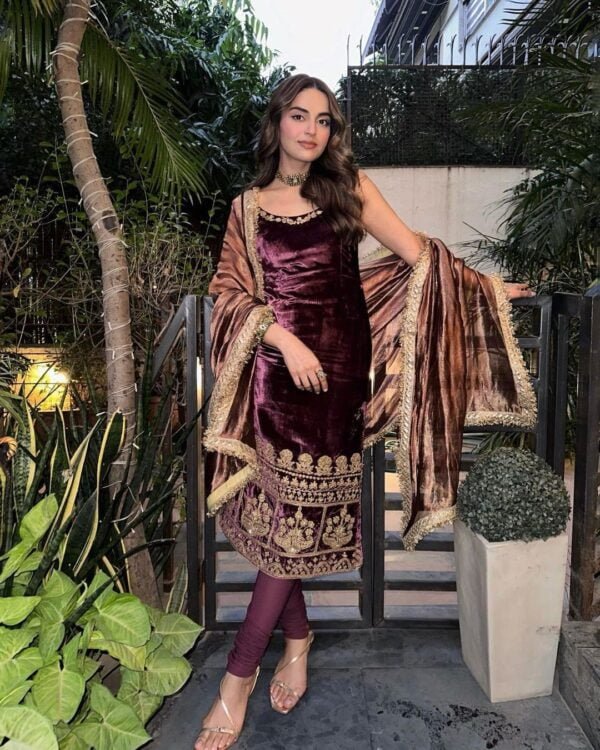 Velvet Embroidery Sequin Work Party Wear Kurta | Maroon
