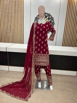 Designer Heavy Faux Georgette Kurta Set | Red