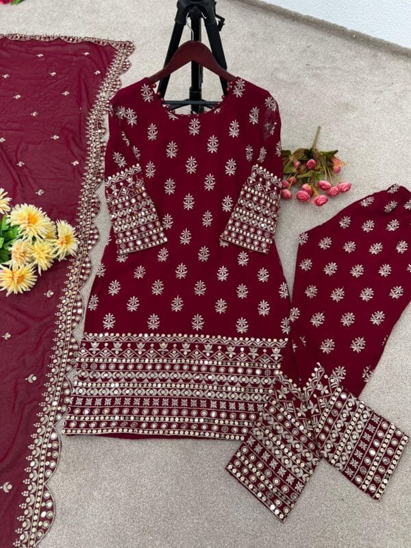 Designer Heavy Faux Georgette Kurta Set | Red - Image 2