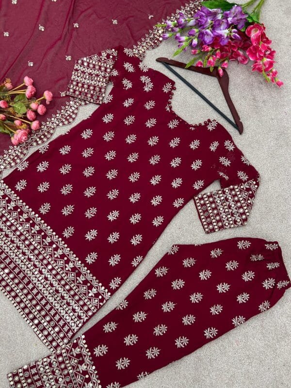 Designer Heavy Faux Georgette Kurta Set | Red - Image 3