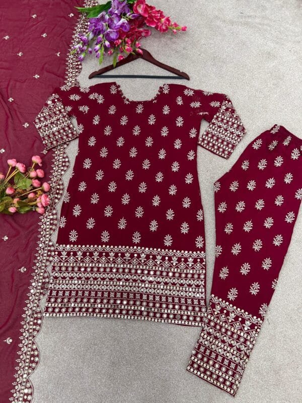 Designer Heavy Faux Georgette Kurta Set | Red - Image 5