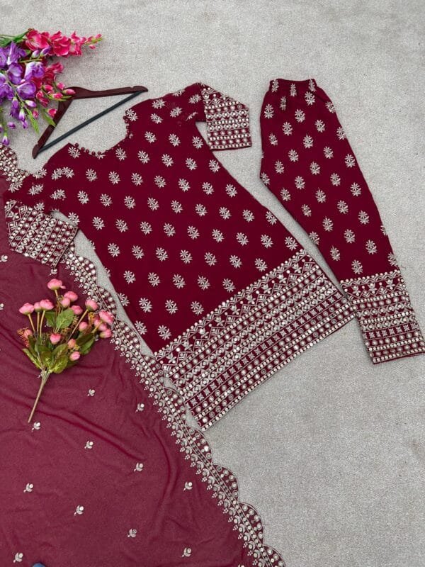 Designer Heavy Faux Georgette Kurta Set | Red - Image 4