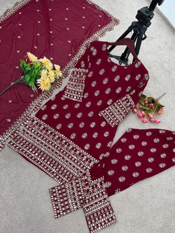 Designer Heavy Faux Georgette Kurta Set | Red - Image 7