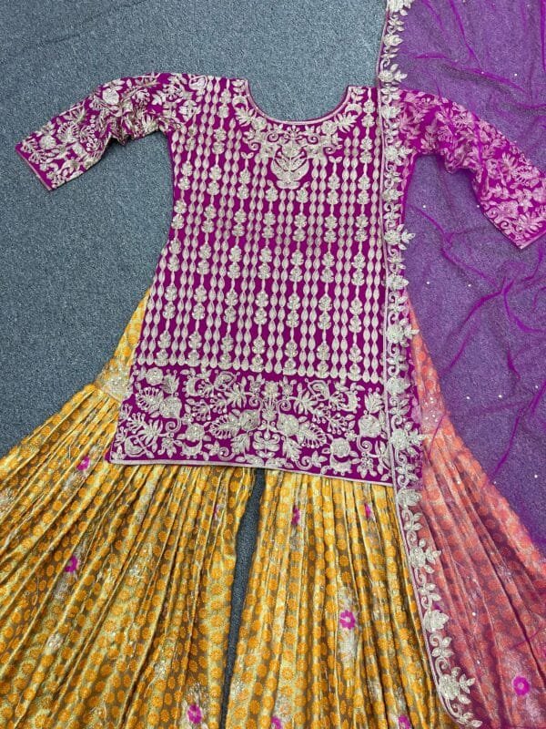 Faux Georgette Sharara with Embroidery & 5mm Sequin | Red - Image 4