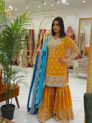 Faux Georgette Sharara with Embroidery & Sequin | Mustard