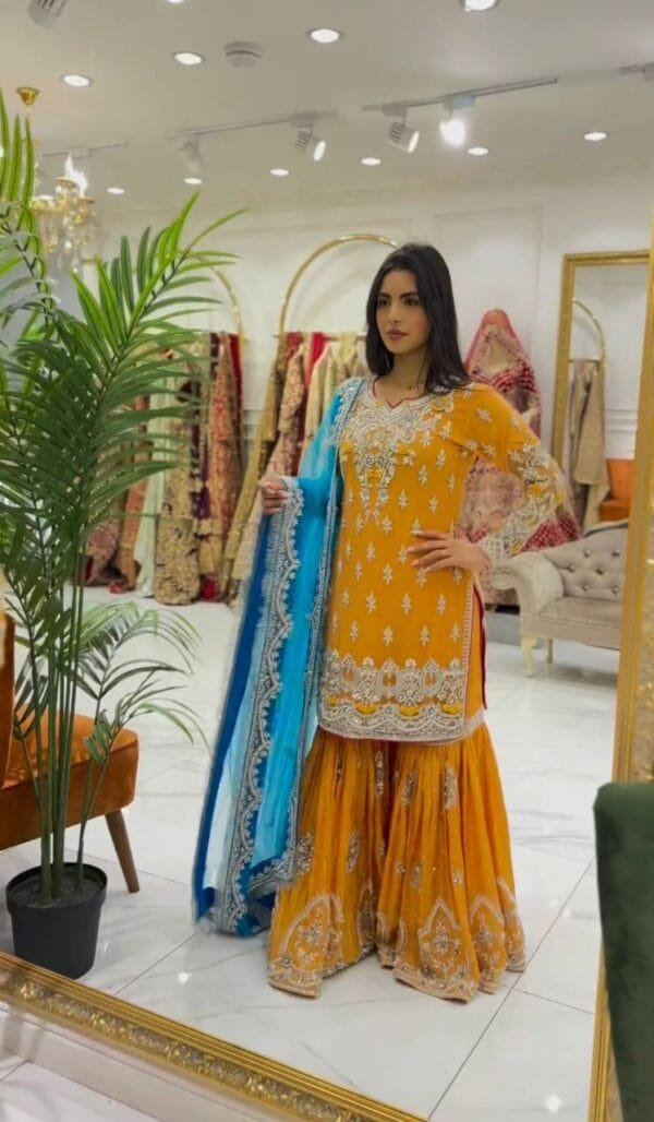 Faux Georgette Sharara with Embroidery & Sequin | Mustard