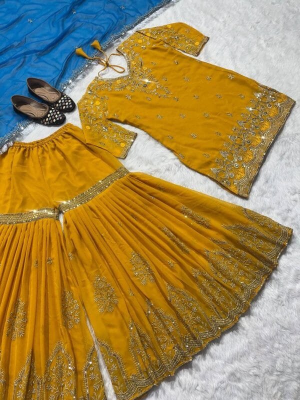 Faux Georgette Sharara with Embroidery & Sequin | Mustard - Image 2