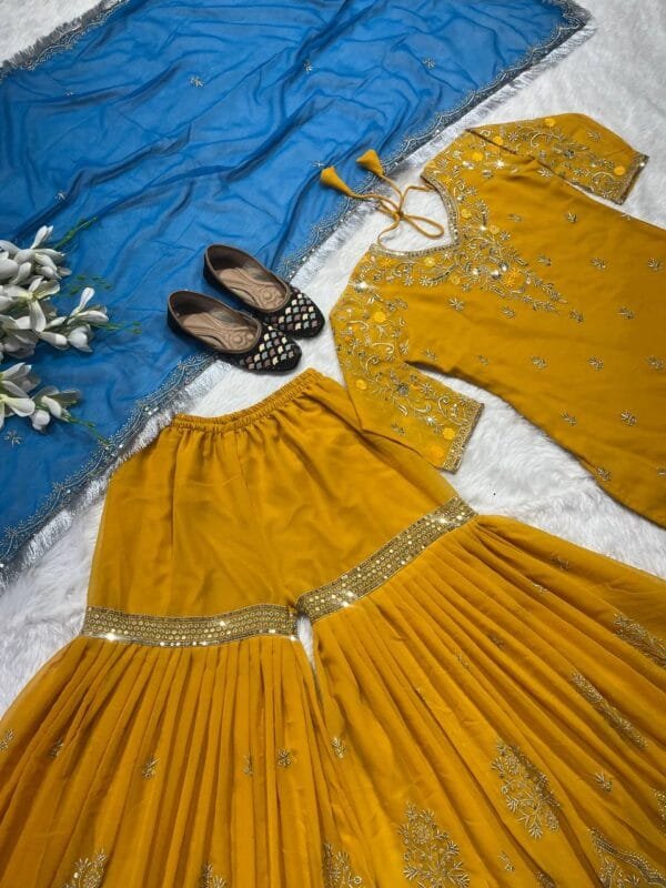 Faux Georgette Sharara with Embroidery & Sequin | Mustard - Image 3