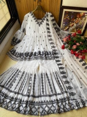 Faux Georgette Sharara with Embroidery | White