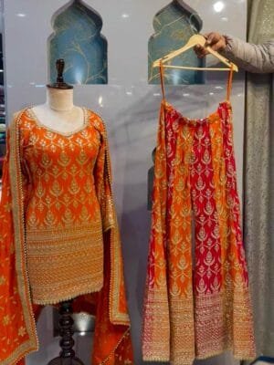 Faux Georgette Embroidered Top with Sequin Work, Palazzo, and Dupatta Set | Orange