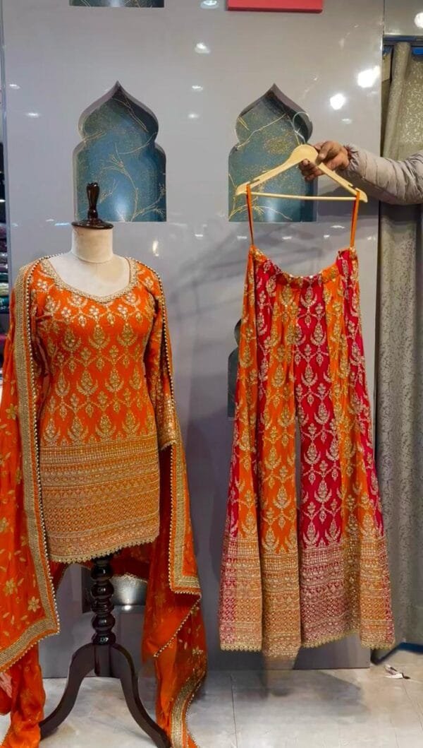 Faux Georgette Embroidered Top with Sequin Work, Palazzo, and Dupatta Set | Orange