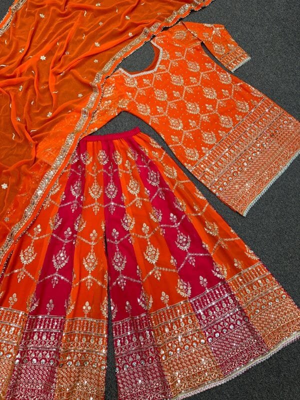 Faux Georgette Embroidered Top with Sequin Work, Palazzo, and Dupatta Set | Orange - Image 6
