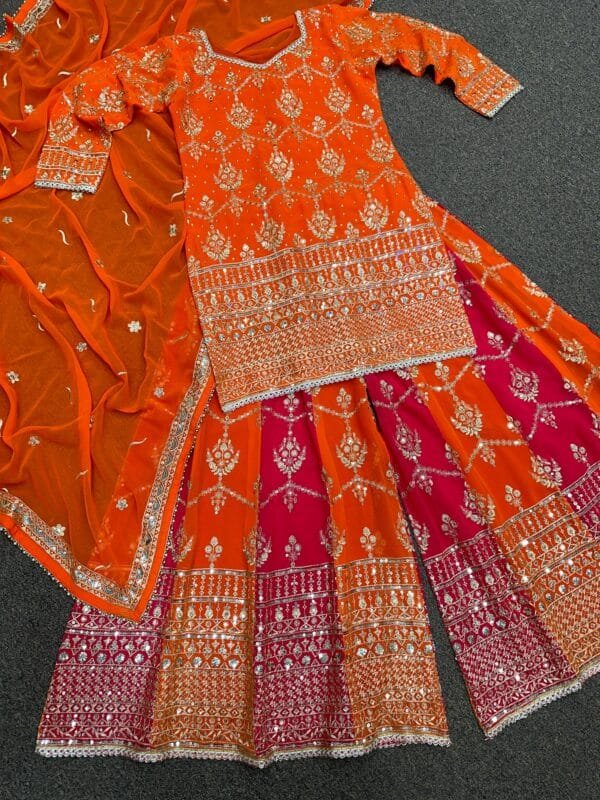 Faux Georgette Embroidered Top with Sequin Work, Palazzo, and Dupatta Set | Orange - Image 2