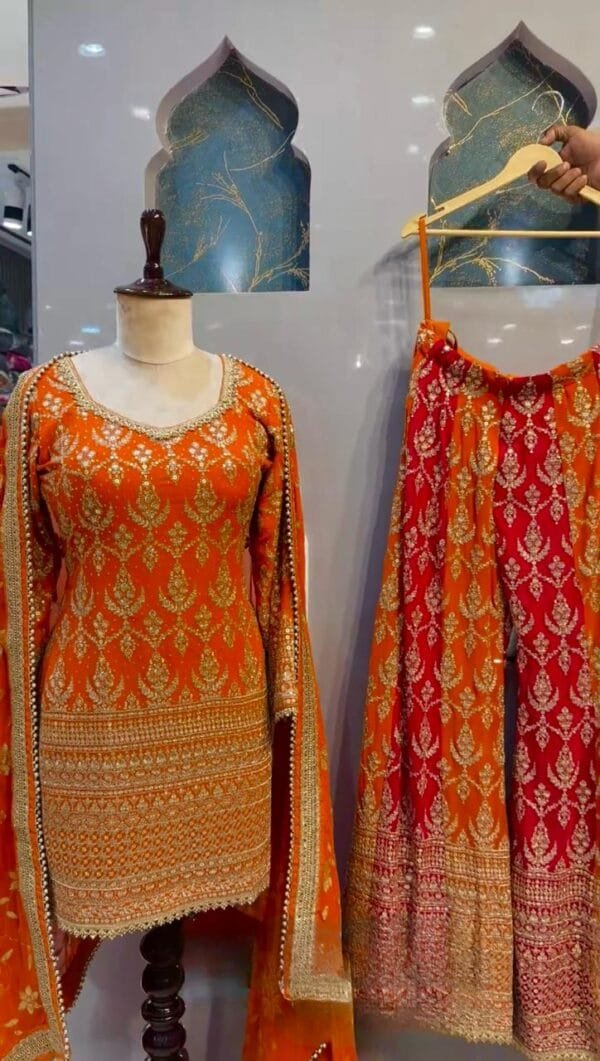 Stunning Faux Georgette Sharara Suit with Embroidery & 5mm Sequin | Maroon - Image 2