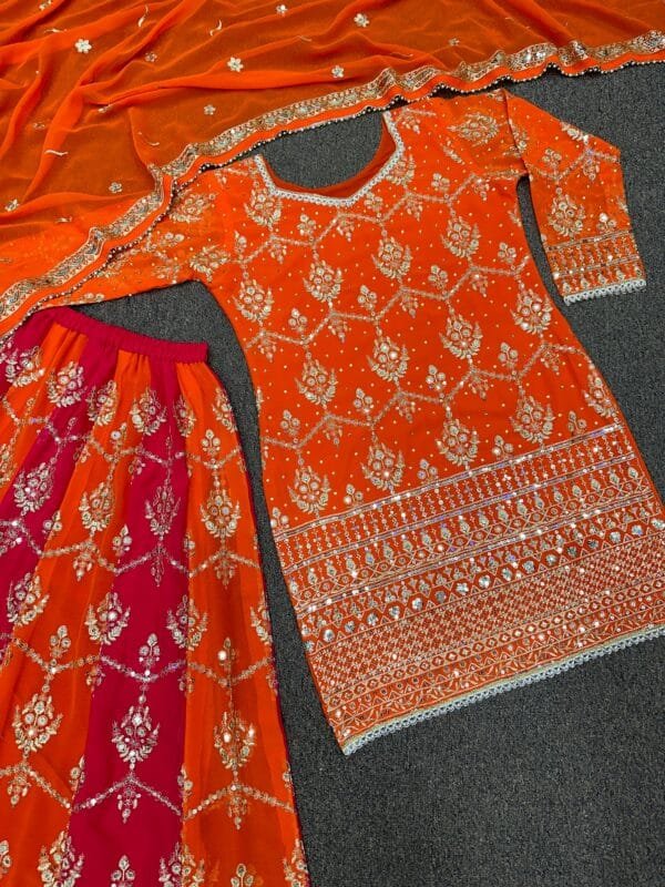 Faux Georgette Embroidered Top with Sequin Work, Palazzo, and Dupatta Set | Orange - Image 3