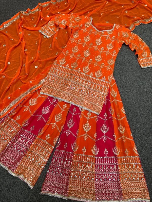 Faux Georgette Embroidered Top with Sequin Work, Palazzo, and Dupatta Set | Orange - Image 5