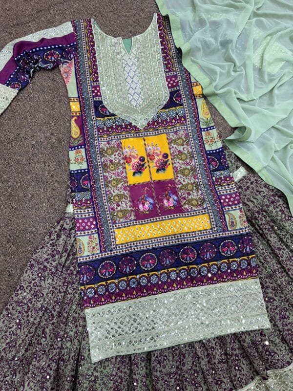 Fancy Digital Print Sharara with Heavy Embroidery & Sequin Work | Teal Green - Image 2