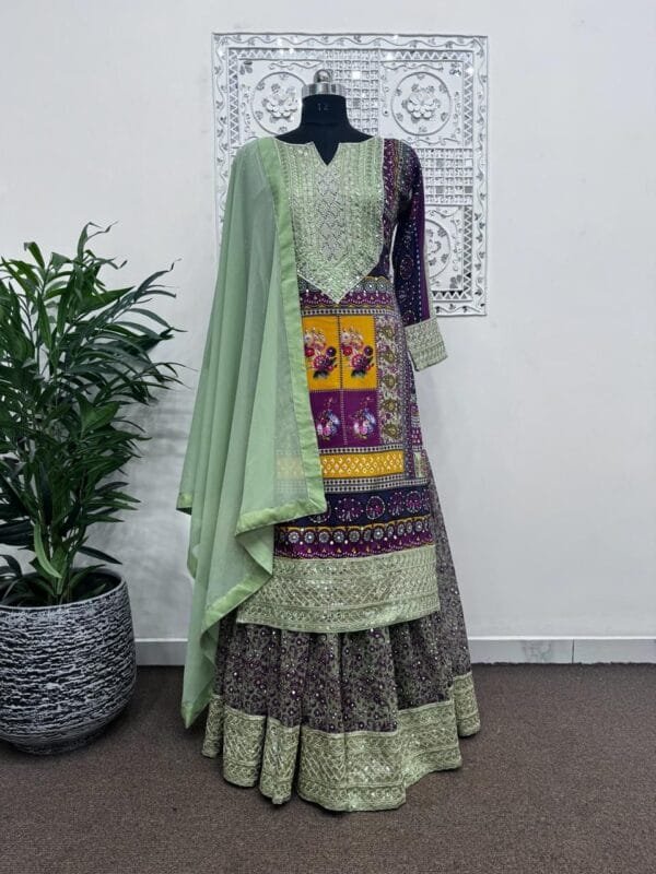 Fancy Digital Print Sharara with Heavy Embroidery & Sequin Work | Teal Green