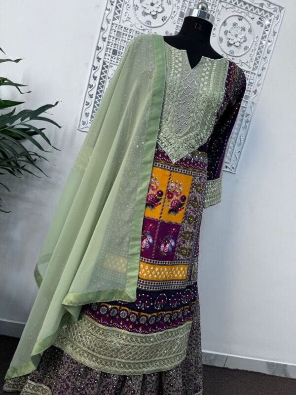 Fancy Digital Print Sharara with Heavy Embroidery & Sequin Work | Teal Green - Image 5