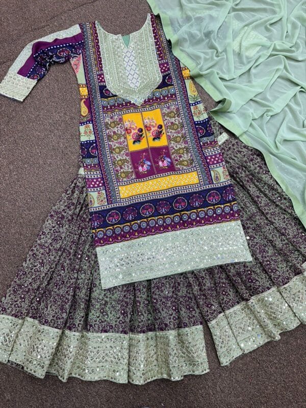 Fancy Digital Print Sharara with Heavy Embroidery & Sequin Work | Teal Green - Image 7