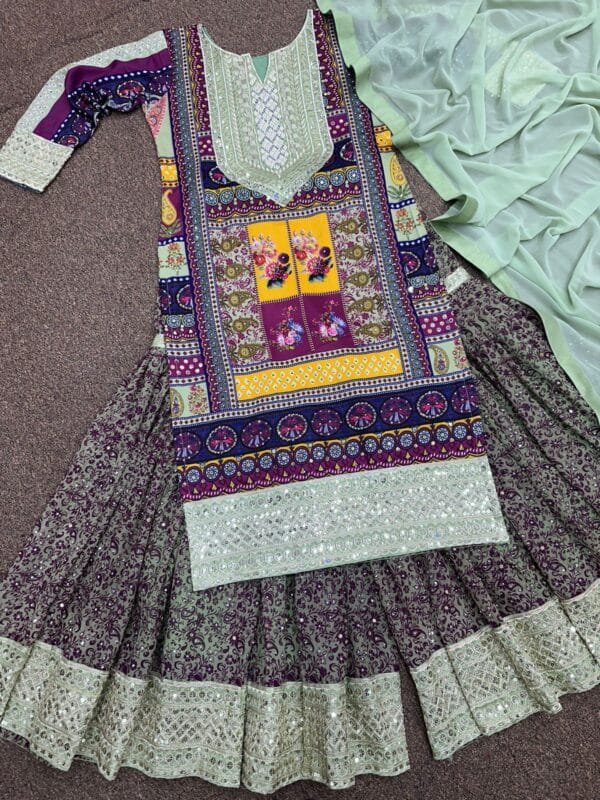 Fancy Digital Print Sharara with Heavy Embroidery & Sequin Work | Teal Green - Image 9