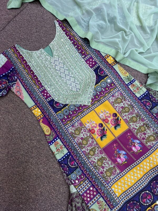 Fancy Digital Print Sharara with Heavy Embroidery & Sequin Work | Teal Green - Image 10