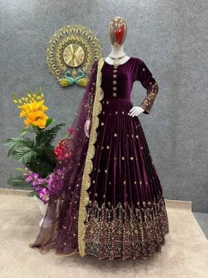 Heavy Velvet Gown: Embroidered Gown with Dupatta Ensemble | Purple