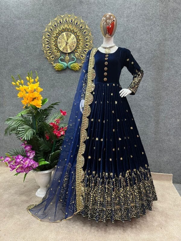 Heavy Velvet Gown: Embroidered Gown with Dupatta Ensemble | Blue