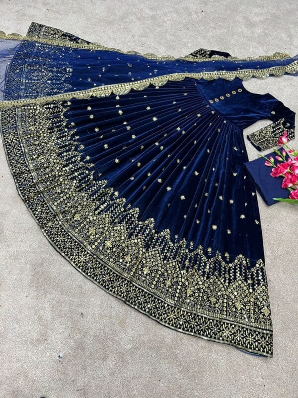 Heavy Velvet Gown: Embroidered Gown with Dupatta Ensemble | Blue - Image 3