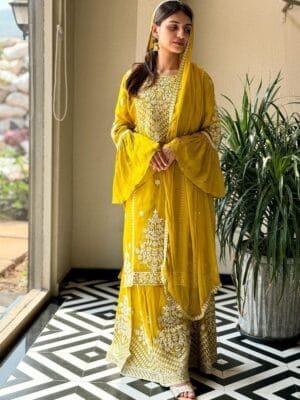 Designer Party Wear Look New Top-Plazzo and Dupatta With Heavy Embroidery Thread Work | Yellow