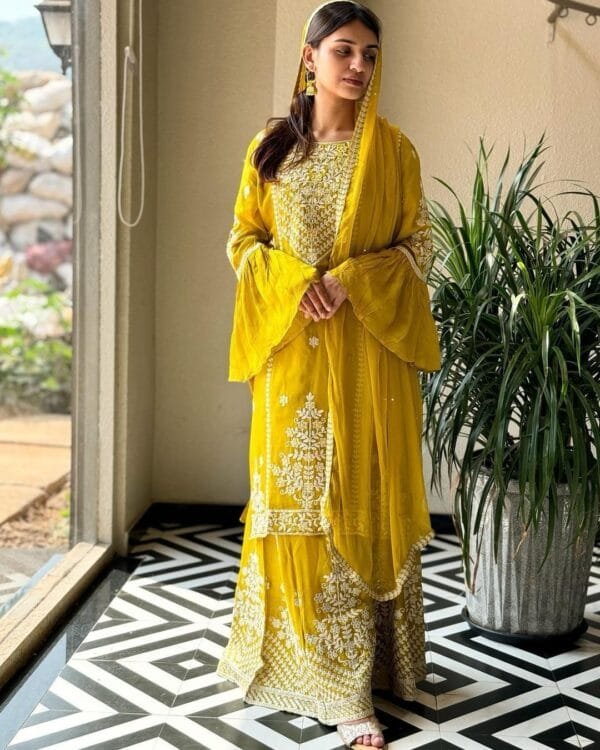 Designer Party Wear Look New Top-Plazzo and Dupatta With Heavy Embroidery Thread Work | Yellow
