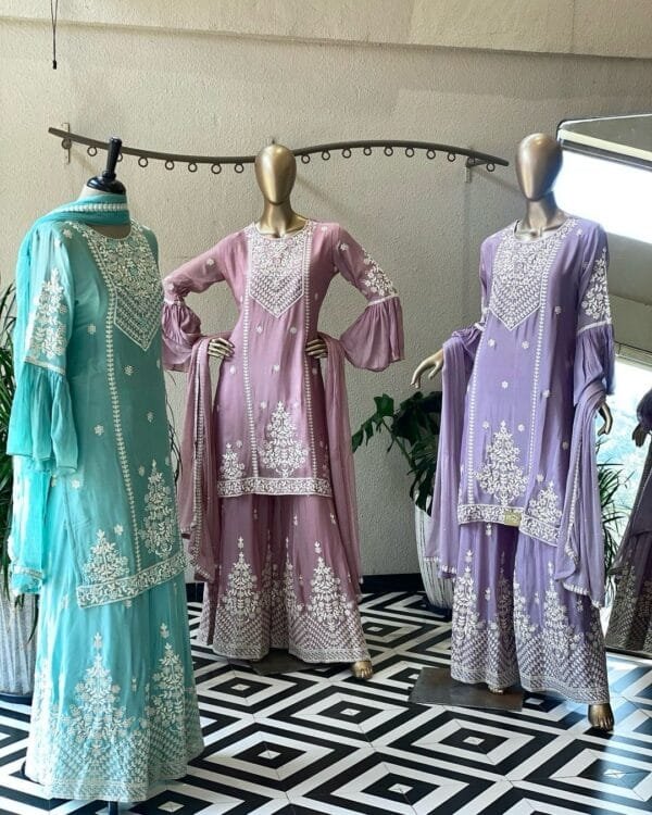 Designer Party Wear Look New Top-Plazzo and Dupatta With Heavy Embroidery Thread Work | Blue