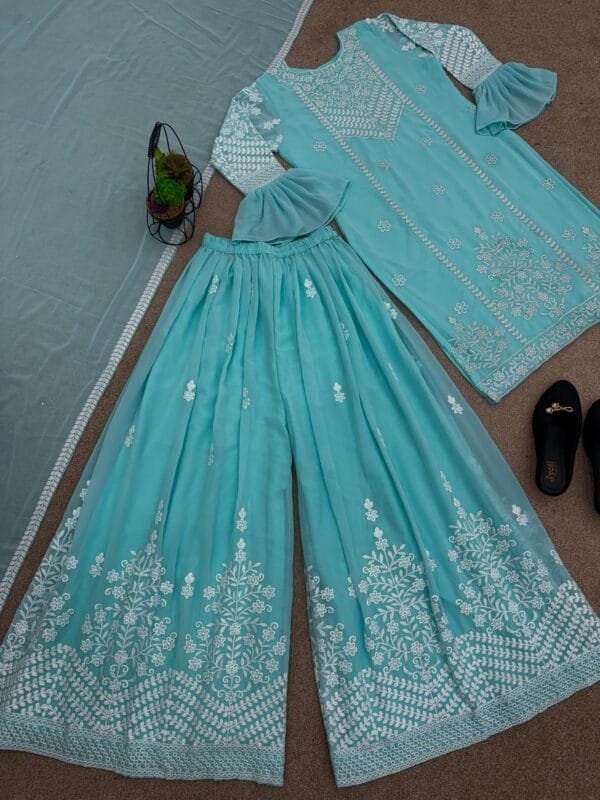 Designer Party Wear Look New Top-Plazzo and Dupatta With Heavy Embroidery Thread Work | Blue - Image 4