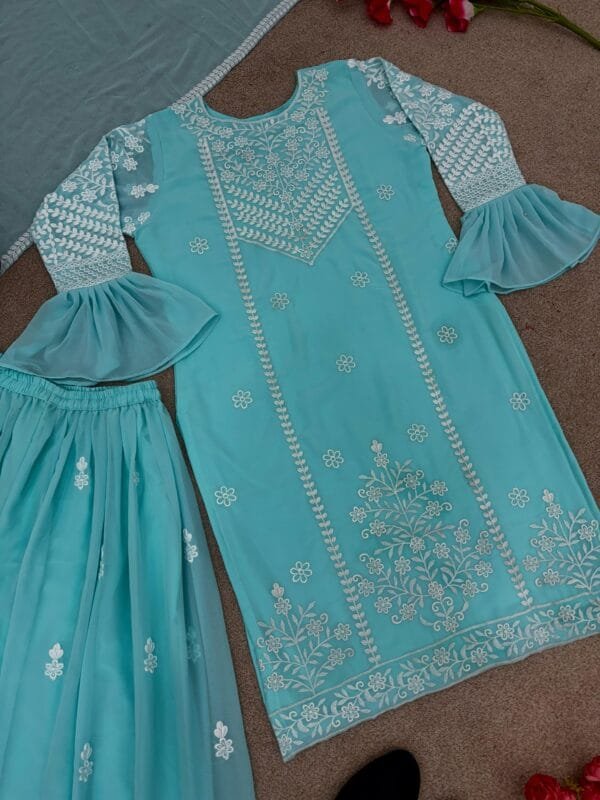 Designer Party Wear Look New Top-Plazzo and Dupatta With Heavy Embroidery Thread Work | Blue - Image 2