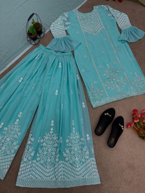 Designer Party Wear Look New Top-Plazzo and Dupatta With Heavy Embroidery Thread Work | Blue - Image 3