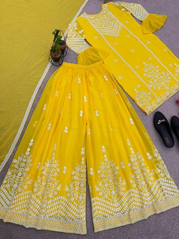 Designer Party Wear Look New Top-Plazzo and Dupatta With Heavy Embroidery Thread Work | Yellow - Image 4